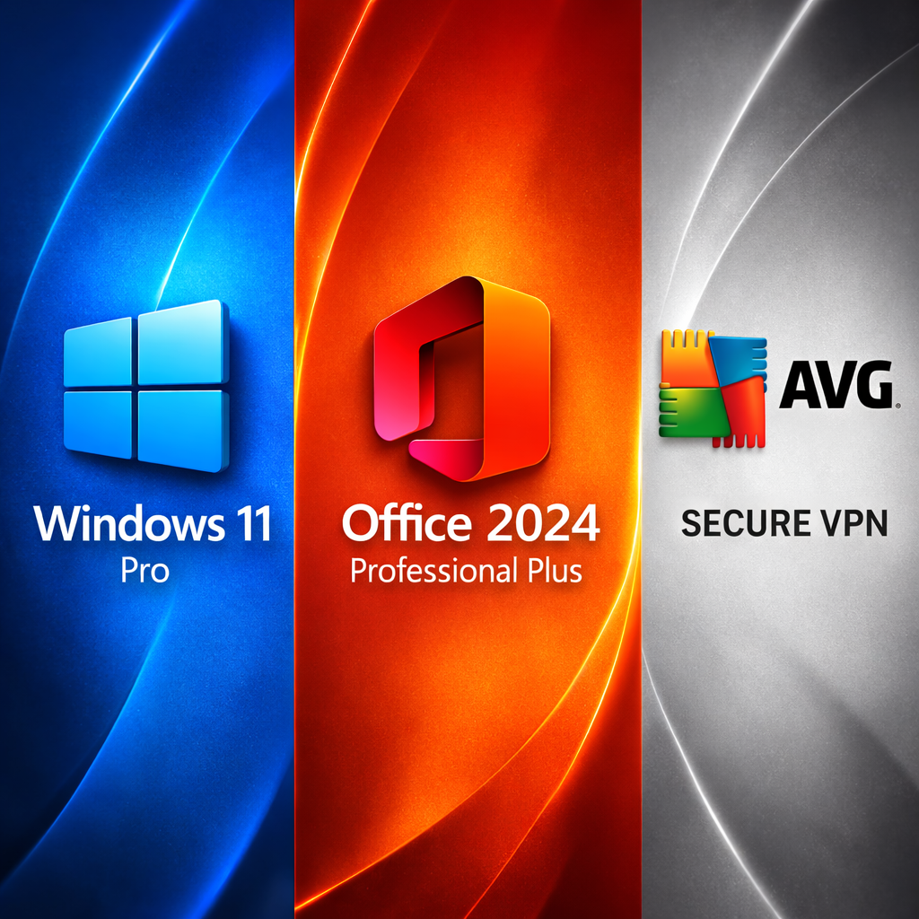 Bundle: Microsoft Windows 11 Pro + Office 2024 Pro Plus + AVG Secure VPN